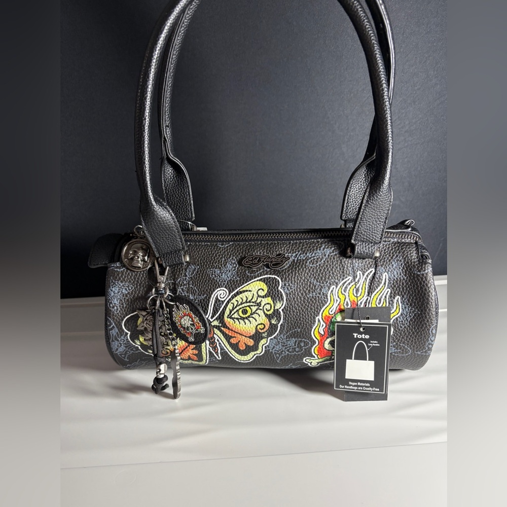 Ed Hardy Black Shoulder Bag with Skull and Butterfly Design New